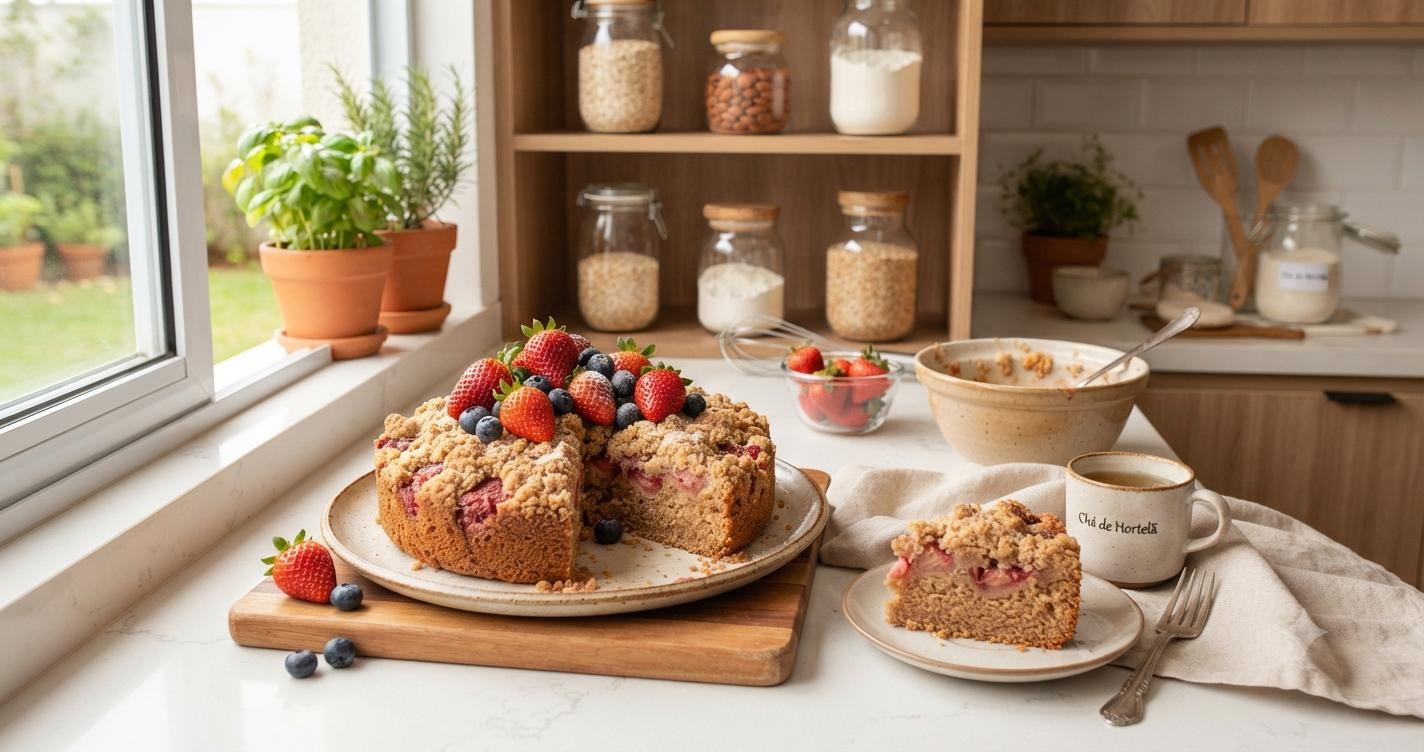 CUCA DE MORANGO SEM GLÚTEN! Feita no Liquidificador, Com Farofinha Doce e Vai Arrasar no Seu Café da Tarde!