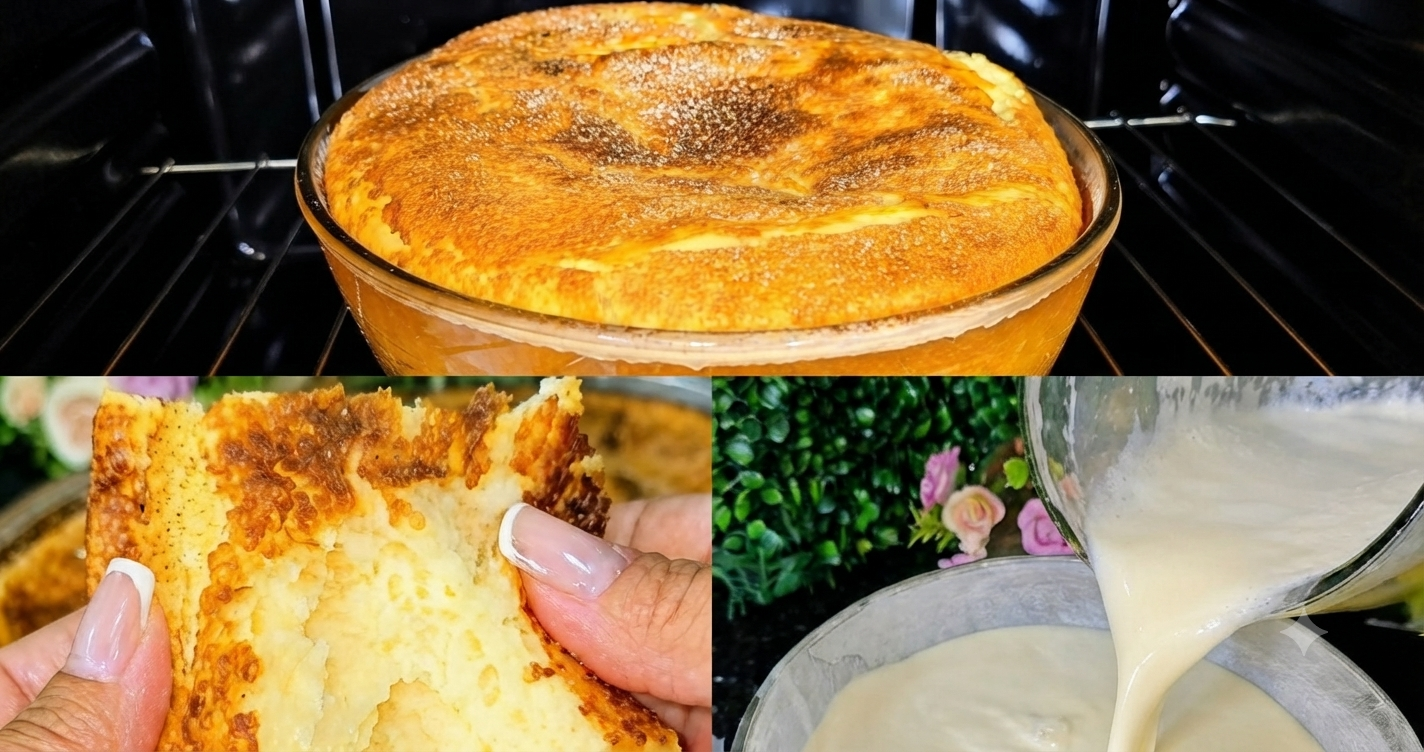 BOLO SOBREMESA ASSADO! Feito com 4 Ingredientes, Cremoso por Baixo e Dourado por Cima!