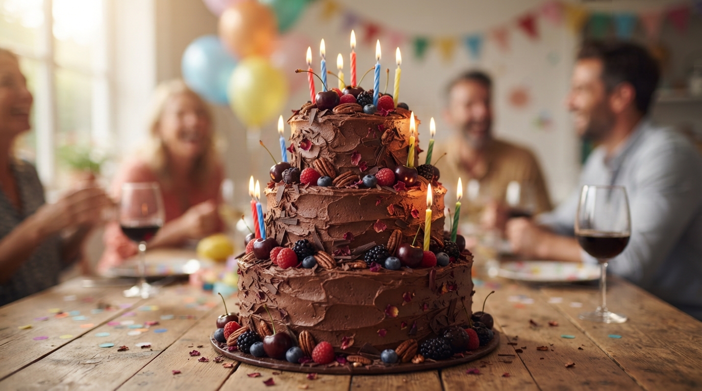 Bolo de Aniversário Sem Lactose: Massa de Chocolate com Morango e Cereja